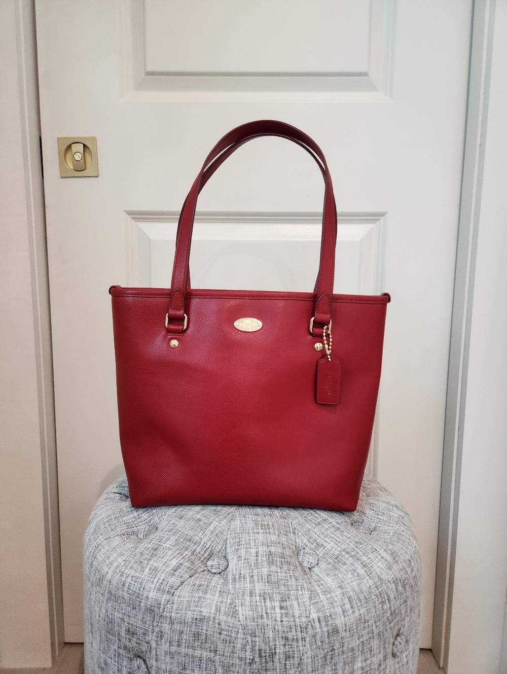 Coach Red Leather Tote Bag with Gold Accent - Picture 2 of 10